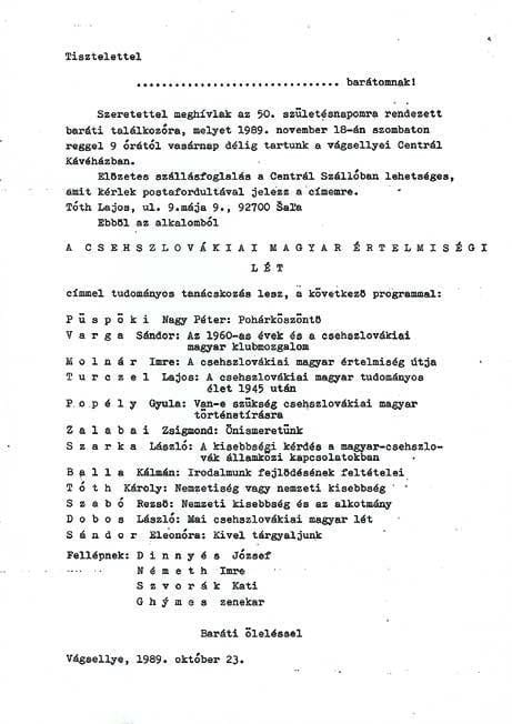 Strojopisná pozvánka v maďarčine na oslavu 50. narodenín Lajosa Tótha s programom vedeckého seminára