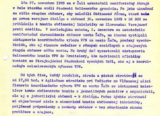 Strojopisný záznam o manifestačnom štrajku 27. novembra 1989, založení Občianskeho fóra a stretnutiach koordinačného výboru VPN v Šali