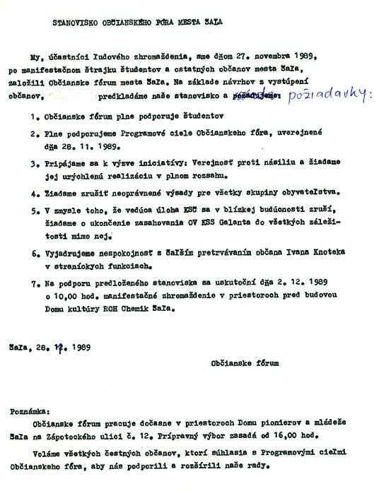 Strojopisné Stanovisko Občianskeho fóra mesta Šaľa z 28. novembra 1989 so siedmimi bodmi požiadaviek